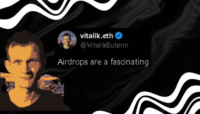 Vitalik Buterin with blockchain icons, symbolizing the concept of airdrops and identity frameworks.