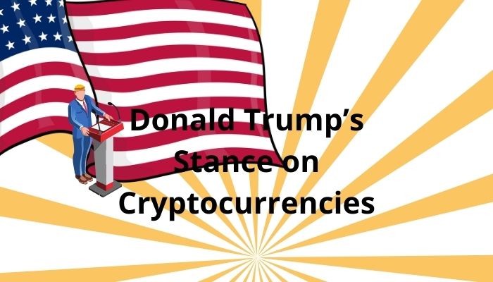 Donald Trump discussing cryptocurrencies, with a focus on his skepticism and recognition of blockchain technology.