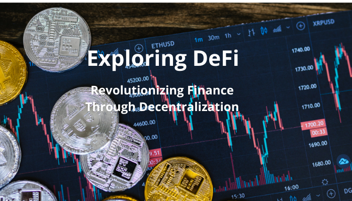 Decentralized Finance (DeFi) overview with visual representation of blockchain technology and smart contracts.