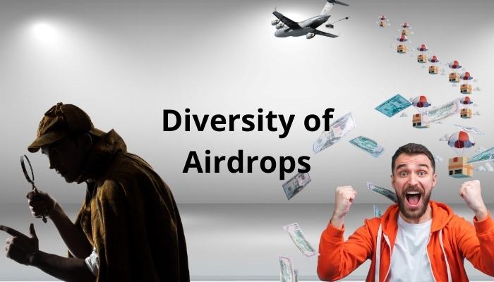 Visual representation of different types of airdrops and platforms for finding them, including tokens, NFTs, and various distribution methods.