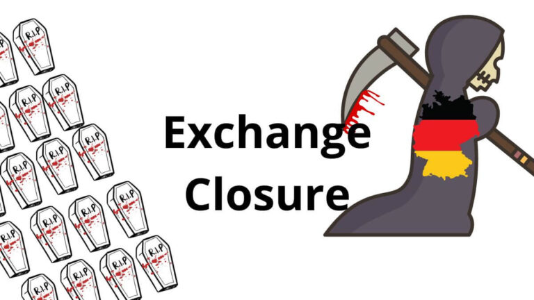 Illustration of German authorities shutting down cryptocurrency exchanges due to illegal activities, symbolized by a figure with a scythe and a pile of coffins.