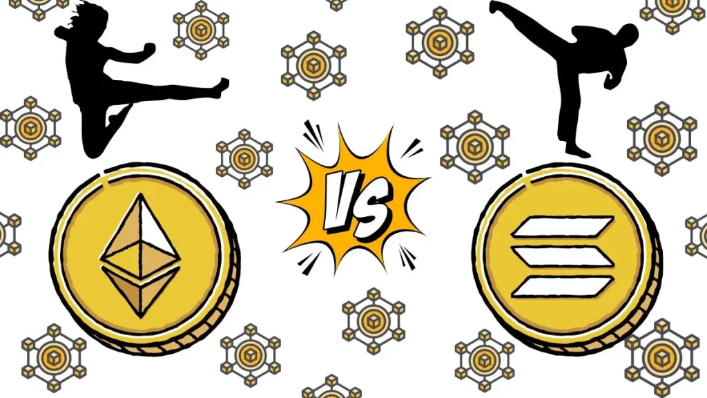 Comparison between Solana and Ethereum blockchains, highlighting differences in scalability, transaction costs, and decentralization for dApps and DeFi projects.